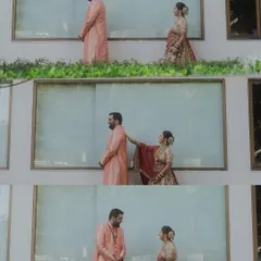 A sweet and playful first look sequence. The bride taps the groom on the shoulder, and his happy reaction is a perfect capture of their fun-loving relationship.