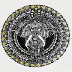An elephant mandala created with fine-tip pens and metallic markers. The design combines the majestic form of the elephant with traditional mandala patterns, with gold accents to highlight the details.