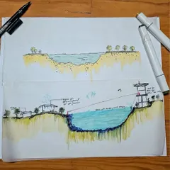 Further development of the lakefront concept, this sketch refines the placement of structures and access points. It illustrates our thinking on how to connect the site to its surroundings and create a functional flow for visitors.