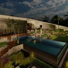 This view showcases the infinity pool and outdoor lounge area of the farmhouse. The design creates multiple zones for relaxation and entertainment, seamlessly connecting the home to the expansive lawn and garden.