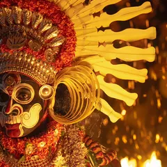 An intimate portrait of the Karim Gullikan Theyyam, with fire sparks flying around his elaborate headgear. This shot highlights the divine and fearsome presence of the performer.