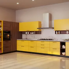 A vibrant L-shaped kitchen featuring bold yellow cabinets paired with rich wood tones. A tall unit houses the oven and provides vertical storage, making this a highly functional and cheerful cooking space.