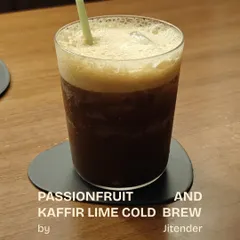 An experimental creation by Jitender, the Passionfruit and Kaffir Lime Cold Brew. This unique non-alcoholic drink combines the acidity of passionfruit with the aromatic notes of kaffir lime and coffee.