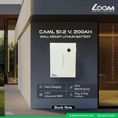 Our CAML 51.2 V, 200 Ah Lithium Battery delivers 10.24 kWh of power with fast charging and an advanced BMS. This wall-mounted, zero-maintenance unit is ideal for both residential and commercial applications needing serious power backup.