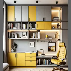 This compact home office design uses a bold yellow and grey color scheme to create an energetic and inspiring workspace. The unit combines open bookshelves, closed cabinets, and a comfortable desk area.