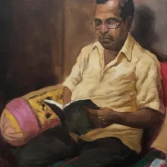 Titled "रापण," this is an oil on canvas portrait painted from a live sitting. The goal was to capture a quiet, everyday moment of reading and contemplation.