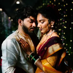An intimate portrait of a couple in traditional Nauvari and groom's attire, set against a backdrop of festive lights. This cinematic shot highlights their close bond.