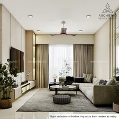 This living room design uses a neutral color palette, a comfortable L-shaped sofa, and sheer curtains to create a bright, airy, and calming atmosphere.
