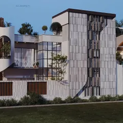 This facade design plays with the contrast of sleek straight lines and elegant curves. The statement staircase is designed within a tilt-able grid screen, allowing sunlight in while ensuring privacy from the road-facing garden.