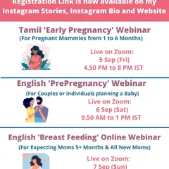 Announcing our next set of online webinars. We have sessions in Tamil for Early Pregnancy, and in English for Pre-Pregnancy and Breastfeeding. Find the one that's right for you.