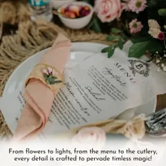 Every detail on the table is crafted to create a feeling of timeless romance. From the custom-printed menu to the delicate floral napkin rings, this setup invites guests to a truly special dining experience.