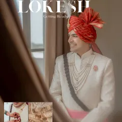 A collage showing the groom, Lokesh, getting ready, from adjusting his cufflinks to the final details of his sherwani, capturing the anticipation.
