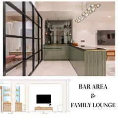 A comparison of our initial 2D layout for a bar and family lounge with the final executed space, showing how we translate plans into reality.