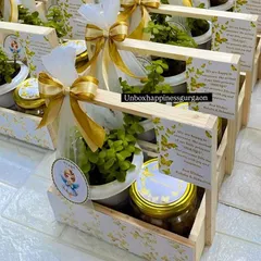Announce the arrival of your little one with these elegant favors. This "It's a girl" announcement basket features a lucky jade plant and a jar of sweet treats, complete with a personalized card, making it a thoughtful and sustainable gift for loved ones.