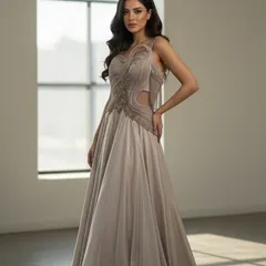 This beige gown is all about subtle glamour. The flowing fabric and intricate detailing on the bodice with a side cutout make it a sophisticated rental for any formal event.