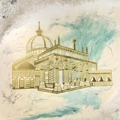 A full view of the 'Ajmer Khwaja Gareeb Nawaz' artwork. The golden depiction of the shrine is set against a soft, beige and sage green marble-effect resin, framed with glittering crystals.