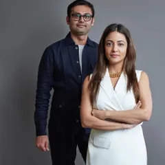 A portrait of us, Farah Ahmed and Dhaval Shellugar. Our partnership is built on a shared ambition to create original work and give each client a design identity that is exclusively their own.