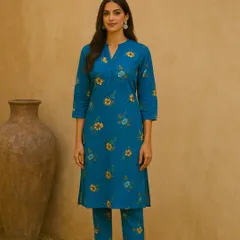 Imagine a classic kurta and pant set made just for you. This straight-fit kurta in a beautiful blue floral print shows how our fabrics can create timeless, elegant daily wear.