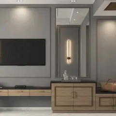 The proposed design for the TV and vanity area, incorporating a luggage rack and wardrobe for a complete hotel solution.