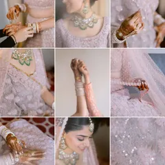 A grid of nine images capturing the intricate details of the bride's jewelry, mehendi, and shimmering lehenga.