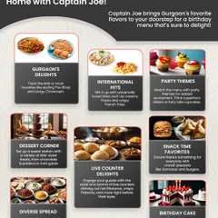 This detailed infographic showcases the ultimate birthday feast I can tailor for your party at home. It highlights menu options from local favorites like Pav Bhaji to international hits, themed cupcakes, live counters, and of course, the birthday cake.