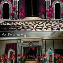 From vision to execution, this is how we created a dramatic Art Deco entrance for a Sangeet night. The final result perfectly mirrors our initial design, complete with geometric patterns and bold red florals.