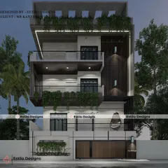 This is the night view of my architectural elevation project in Hosakerehalli. The strategic use of exterior lighting highlights the building's clean lines, wood paneling, and cantilevered balconies, creating a dramatic and welcoming effect.