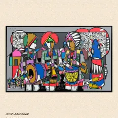 Another 'Celebration' by Girish Adannavar, this time in a vibrant, folk-inspired style, capturing the energetic rhythm of traditional musicians.