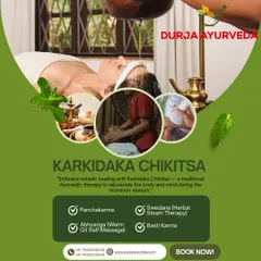 This graphic highlights key therapies included in our Karkidaka package, such as Panchakarma, Abhyanga, and Swedana, for holistic healing during the monsoon.
