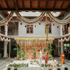 We believe culture should echo in every inch of a wedding. For Hema and Karthik, we brought a Chettinad house to life with traditional decor, from the vaasal kolam to the mesmerizing mitham, creating an authentic and nostalgic courtyard kalyanam.