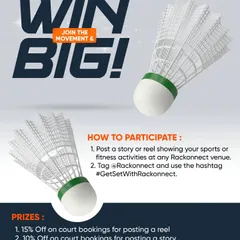 Here’s how you can win big with our #GetSetWithRackonnect campaign. Post a story or reel of your fitness activity at our venue, tag us, and get discounts on court bookings and coaching fees.
