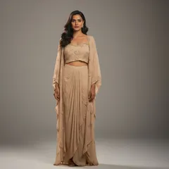 For a modern take on Indian wear, I love this beige Indo-Western set. The draped skirt and embroidered cape are effortlessly chic, ideal for a sangeet or a destination wedding event.