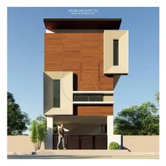 A design for the Anbalagan residence on a 20x30 plot. The facade plays with projecting window boxes and a wood-paneled finish to create a sense of depth and modern character on a narrow frontage.