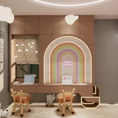 The shared study nook, featuring a glowing rainbow arch, deer-shaped chairs, and a grid board for pinning up art and notes. It's a corner designed to inspire creativity.