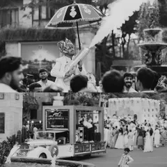 A groom's entry with style. This collage shows a classic vintage car, a mobile sound system, and the groom making a statement with a smoke gun. It's all about creating a baraat that is full of energy and personality.