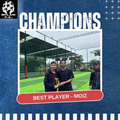 **Best Player, Pune Cup:** Our player Moiz receiving the Best Player of the Tournament award at the Pune Cup. We nurture standout individual talent within a strong team framework.