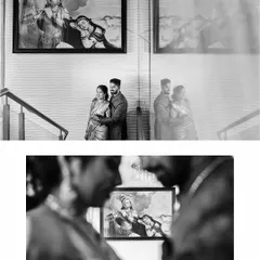 A creative black and white shot using reflections to frame the couple. The artwork in the background adds another layer to their story, creating a photo rich with meaning.