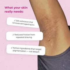 What your skin really needs for underarm pigmentation is safe exfoliation to remove damaged layers, reduced friction from shaving, and active ingredients that target pigmentation, not just bleach the skin.