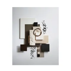 Our design process begins with a carefully curated mood board. Here, we explore a combination of textures and materials, including natural stone, light wood veneers, woven fabrics, and dark metal accents, to establish the visual and tactile direction for a project.