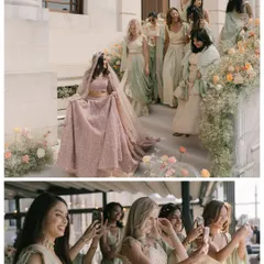 A two-part story of a bride and her bridesmaids. The top frame shows her grand entrance, while the bottom captures a candid moment of them taking selfies, a perfect blend of formal and fun.