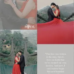 A collage showcasing a couple in a flowing red gown on a bridge, capturing the grand and cinematic feel of a mountain pre-wedding shoot.