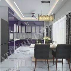 A bold and modern kitchen concept designed in 3D, featuring high-gloss purple cabinets and a patterned backsplash. The design includes an integrated dining table for a compact and efficient layout.