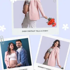 A fun, scrapbook-style collage that captures the journey of a mommy's photoshoot, featuring solo portraits and a sweet couple shot.