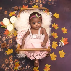 An autumn-themed newborn or sitter session. The warm colors of the fall leaves, soft fur, and gentle lighting create a cozy and beautiful portrait.