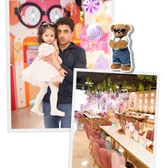 A collage showing our beautiful dining area with its plush pink chairs and elegant table settings, alongside a father and daughter enjoying the party. We blend style with family fun.