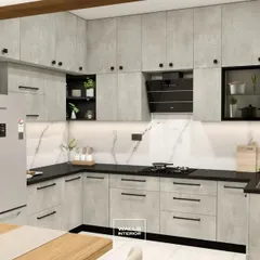 This 3D render presents a spacious L-shaped kitchen with textured grey cabinets and a white marble-patterned backsplash. The design thoughtfully integrates with the dining area, creating a cohesive open-plan feel.