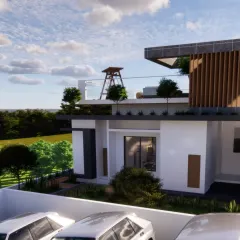 A view of the villa's entrance and parking area, demonstrating how the design considers practical needs without compromising on style. The combination of white render, wood accents, and clean geometry is consistent across the entire structure.