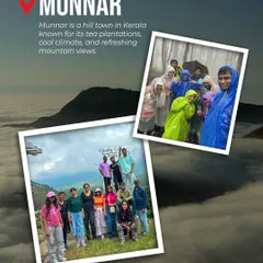 A promotional image for our Munnar trips, showing travelers enjoying the misty weather and lush green hills.