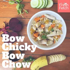 This is my popular Bow Chicky Bow Chow. You can see the real chunks of chicken, brown rice, and colorful veggies like carrots and pumpkin. It's all human-grade food, made fresh for your pup.