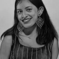 A realistic portrait showcasing a bright, happy smile. I paid special attention to the details in her large, expressive earrings, which were a key feature of the photo.